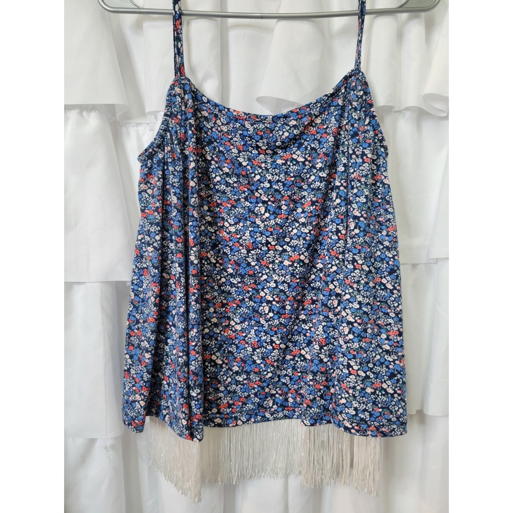 Caroll‎ Blue Floral Cold Shoulder Top Fringe Hem Bell Sleeve Size G Boho 2000
